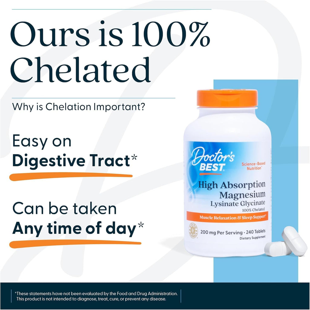 Doctor's Best High Absorption Magnesium Glycinate Lysinate Supplement for Sleep Support - Chelated Magnesium Tablets for Women & Men, 200mg per Serving, Supports Calm & Relaxation, Vegan - 120 Count - TrustMedUSA