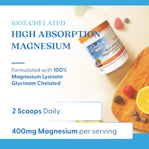 Doctors Best High Absorption Magnesium Powder Lysinate Glycinate 100% Chelated, Muscle Relaxation & Sleep Support, Gluten Free, Vegan, 100% Chelated Net Wt. 12.1 oz (340 Grams), Fruit Punch Flavor - TrustMedUSA