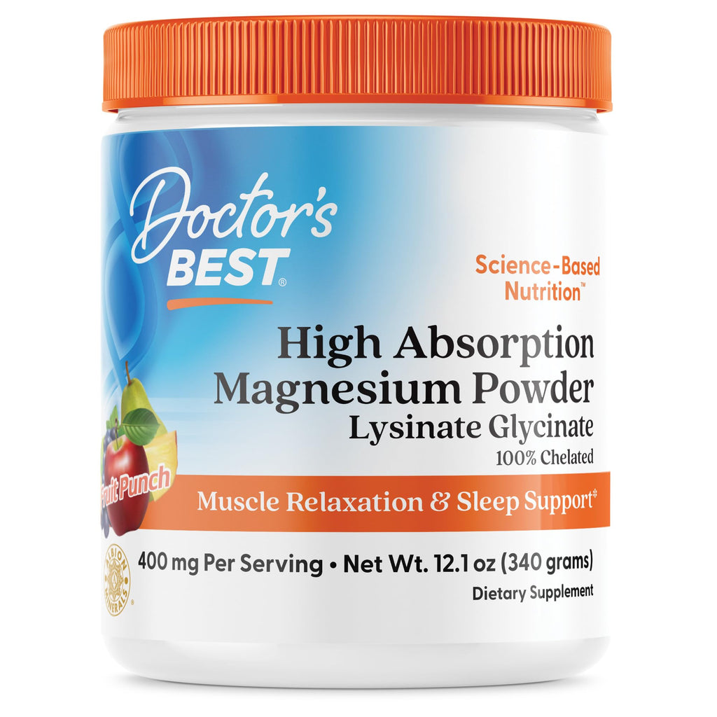 Doctors Best High Absorption Magnesium Powder Lysinate Glycinate 100% Chelated, Muscle Relaxation & Sleep Support, Gluten Free, Vegan, 100% Chelated Net Wt. 12.1 oz (340 Grams), Fruit Punch Flavor - TrustMedUSA