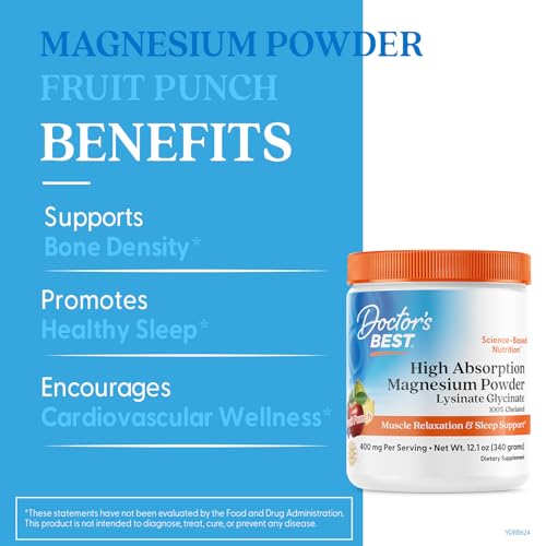 Doctors Best High Absorption Magnesium Powder Lysinate Glycinate 100% Chelated, Muscle Relaxation & Sleep Support, Gluten Free, Vegan, 100% Chelated Net Wt. 12.1 oz (340 Grams), Fruit Punch Flavor - TrustMedUSA