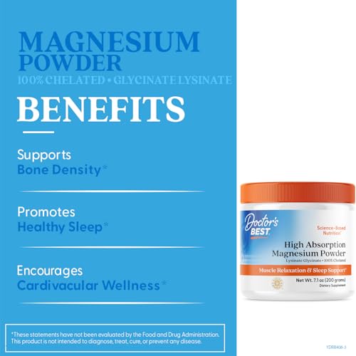 Doctor's Best High Absorption Magnesium Powder,White, 100% Chelated TRACCS, Not Buffered, Headaches, Sleep, Energy. Non-GMO, Vegan, Gluten Free, 200G, 7.1 Ounce (Pack of 1) - TrustMedUSA