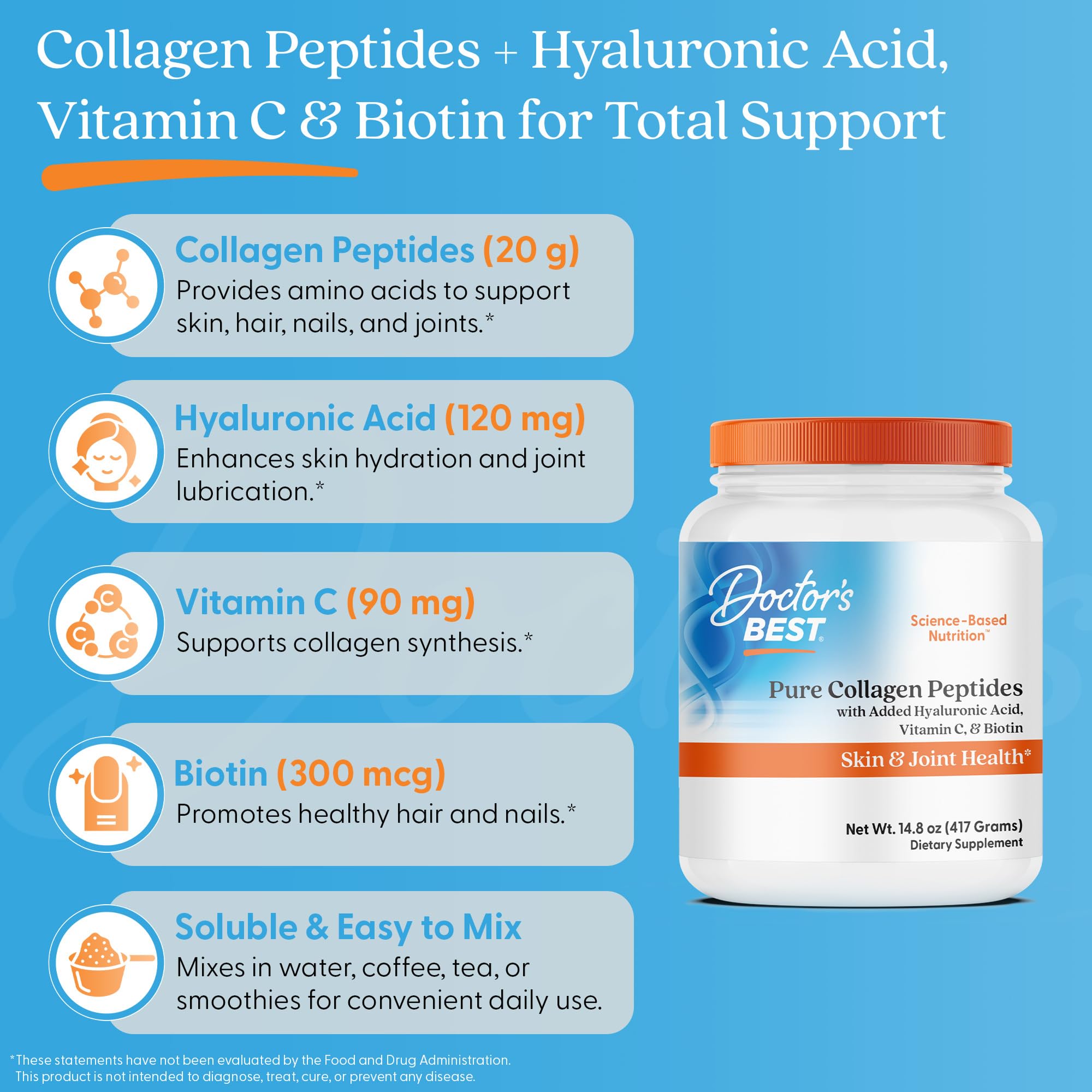 Doctor's BEST Pure Collagen Peptides w/Hyaluronic Acid - Collagen Powder Supplement for Women & Men, Unflavored, 18 g Protein & 90 mg Vitamin C per Serving, Supports Healthy Skin & Hair - 14.8 oz - Maple Wellness Supplements