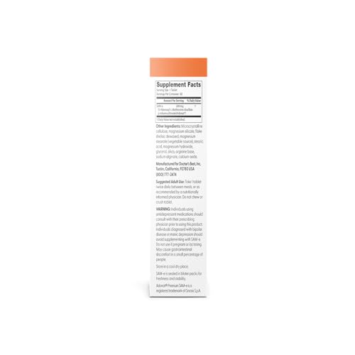 Doctor's Best SAM-e Mood & Joint Support & Liver Health (Pharmaceutical Grade/Non-GMO/Gluten Free/Vegetarian), Tablet, 60 Count (Pack of 1) - TrustMedUSA