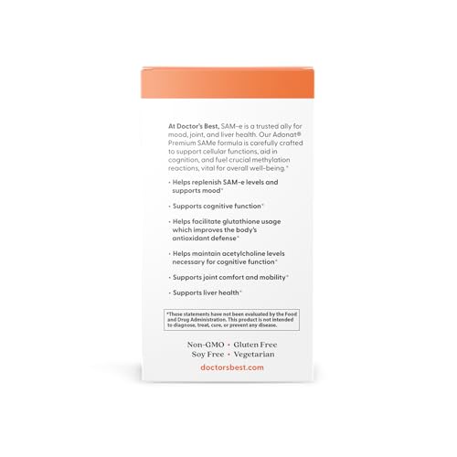 Doctor's Best SAM-e Mood & Joint Support & Liver Health (Pharmaceutical Grade/Non-GMO/Gluten Free/Vegetarian), Tablet, 60 Count (Pack of 1) - TrustMedUSA