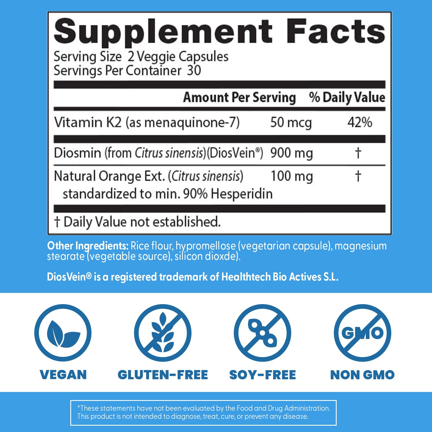 Doctor's Best Vein Support Supplement - Contains Diosmin & Hesperidin, Circulation Support for Legs & Feet, for Men & Women, Formula with Vitamin K2 & Natural Orange Extract, Vegan - 60 Veg Caps - TrustMedUSA