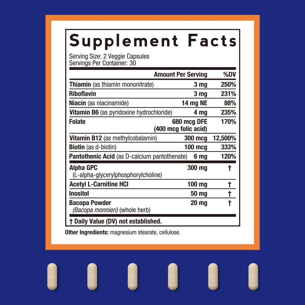 Doctor's Recipes Alpha GPC 300 mg Supplement, with 8 B Vitamins, Inositol, Acetyl L-Carnitine, Highly Bioavailable Source of Choline, 12-in-1 Cognitive Support for Women & Men, 60 Veggie Capsules - TrustMedUSA