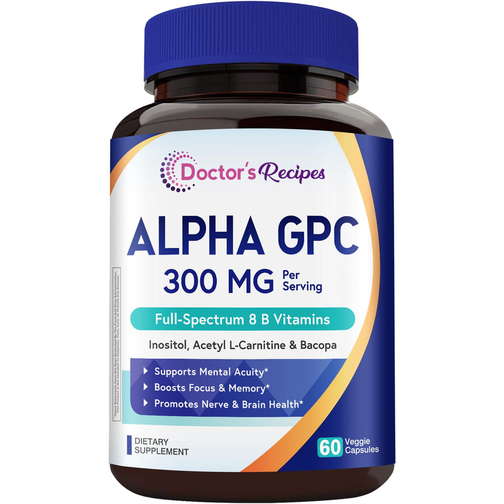 Doctor's Recipes Alpha GPC 300 mg Supplement, with 8 B Vitamins, Inositol, Acetyl L-Carnitine, Highly Bioavailable Source of Choline, 12-in-1 Cognitive Support for Women & Men, 60 Veggie Capsules - TrustMedUSA