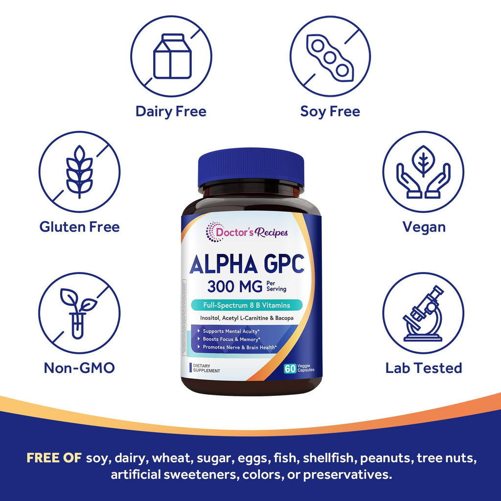 Doctor's Recipes Alpha GPC 300 mg Supplement, with 8 B Vitamins, Inositol, Acetyl L-Carnitine, Highly Bioavailable Source of Choline, 12-in-1 Cognitive Support for Women & Men, 60 Veggie Capsules - TrustMedUSA
