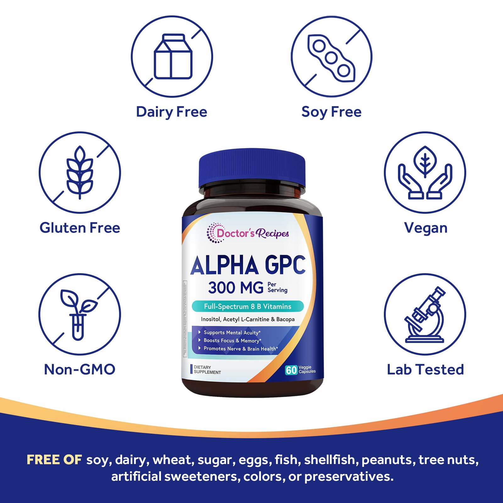 Doctor's Recipes Alpha GPC 300 mg Supplement, with 8 B Vitamins, Inositol, Acetyl L-Carnitine, Highly Bioavailable Source of Choline, 12-in-1 Cognitive Support for Women & Men, 60 Veggie Capsules - TrustMedUSA