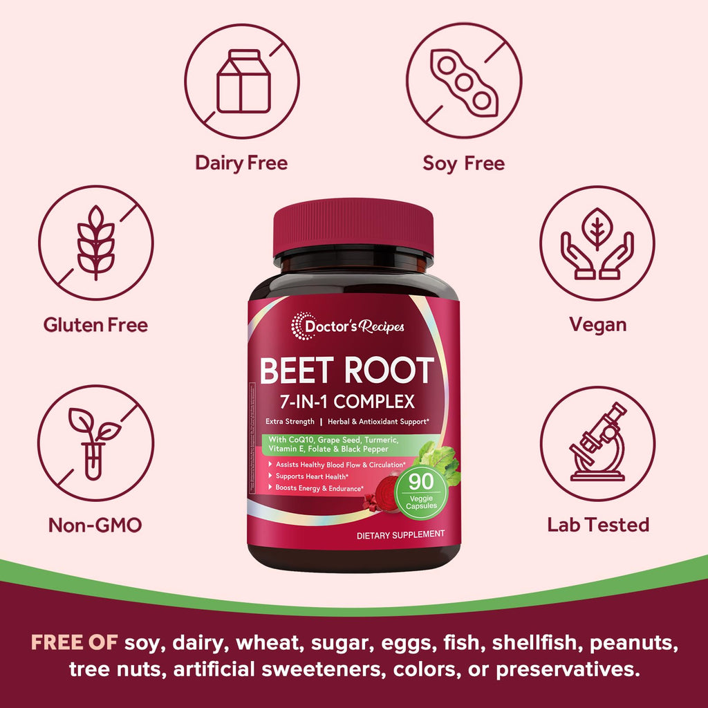Doctor's Recipes Beet Root Capsules, 20:1 Extract with Grape Seed, CoQ10, Turmeric, Black Pepper for Enhanced Absorption, Supports Heart, Circulation, Energy & Nitric Oxide, Non-GMO, 90 Veg Caps - TrustMedUSA