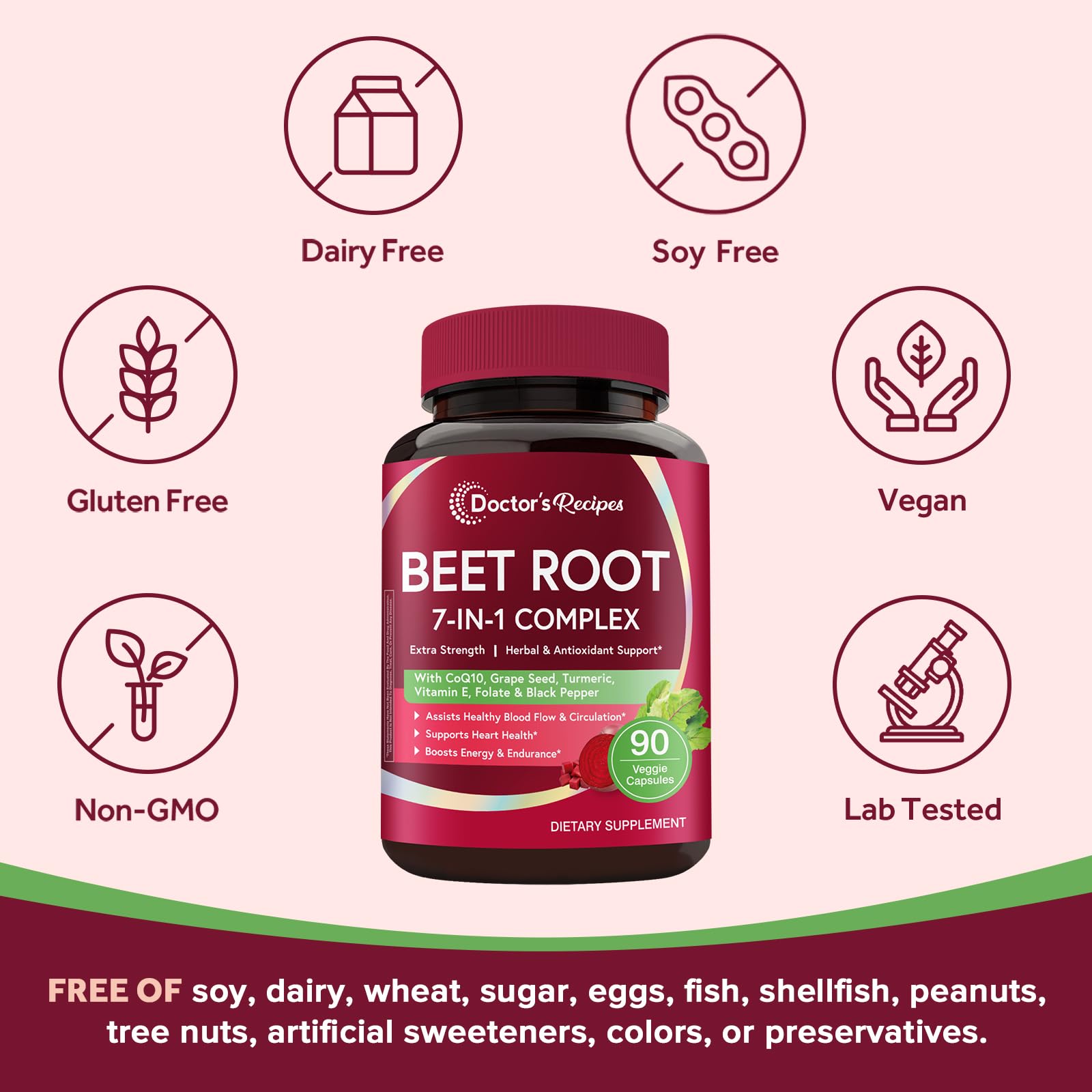 Doctor's Recipes Beet Root Capsules, 20:1 Extract with Grape Seed, CoQ10, Turmeric, Black Pepper for Enhanced Absorption, Supports Heart, Circulation, Energy & Nitric Oxide, Non-GMO, 90 Veg Caps - TrustMedUSA