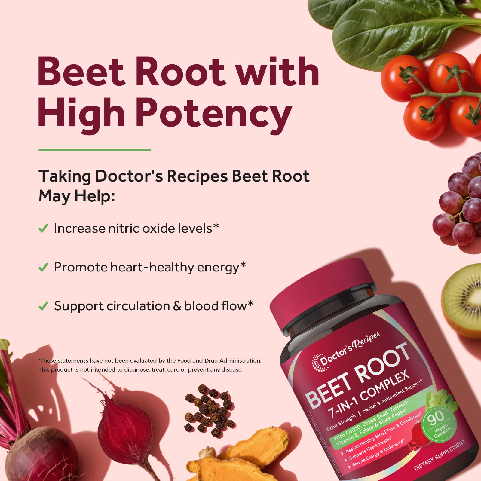 Doctor's Recipes Beet Root Capsules, 20:1 Extract with Grape Seed, CoQ10, Turmeric, Black Pepper for Enhanced Absorption, Supports Heart, Circulation, Energy & Nitric Oxide, Non-GMO, 90 Veg Caps - TrustMedUSA