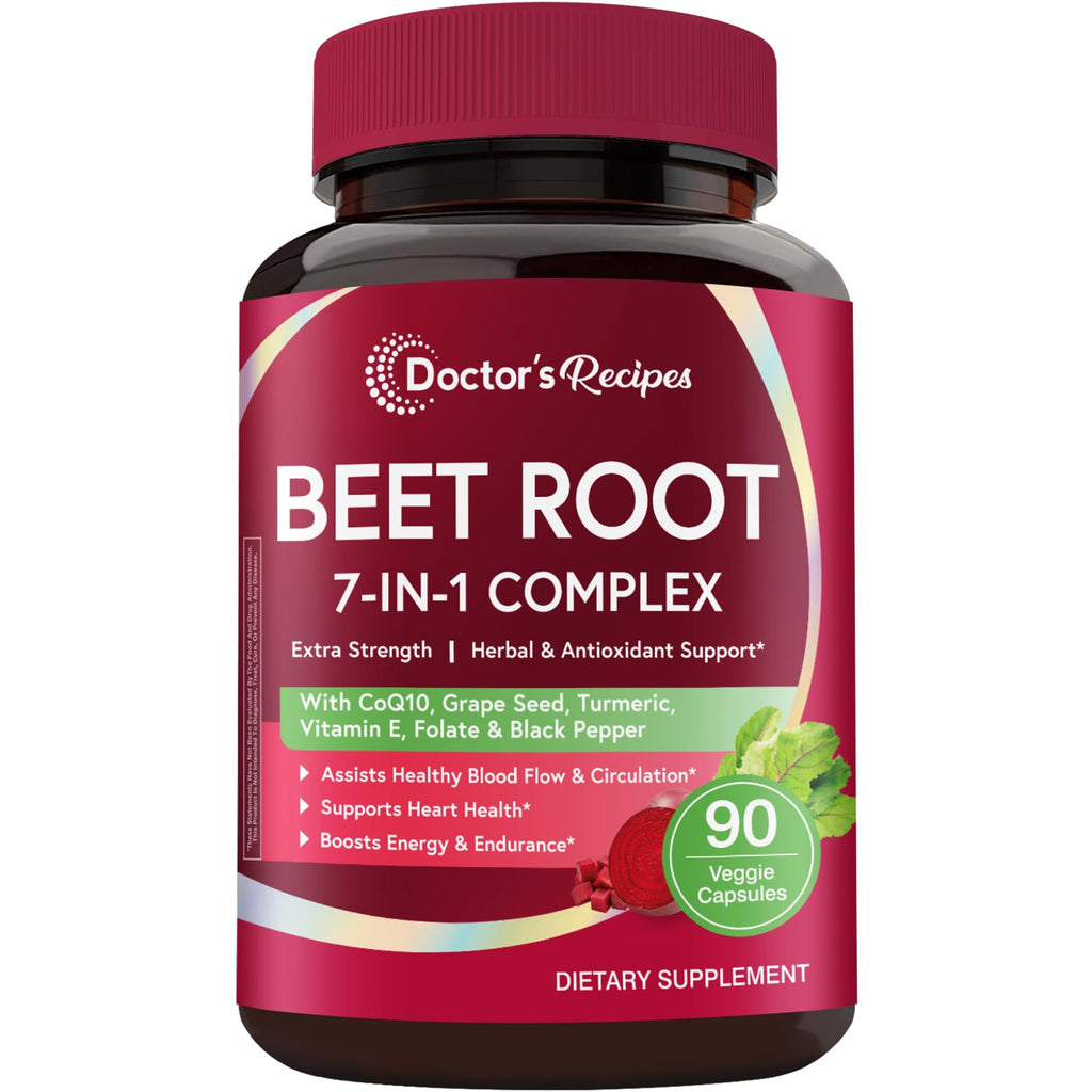 Doctor's Recipes Beet Root Capsules, 20:1 Extract with Grape Seed, CoQ10, Turmeric, Black Pepper for Enhanced Absorption, Supports Heart, Circulation, Energy & Nitric Oxide, Non-GMO, 90 Veg Caps - TrustMedUSA