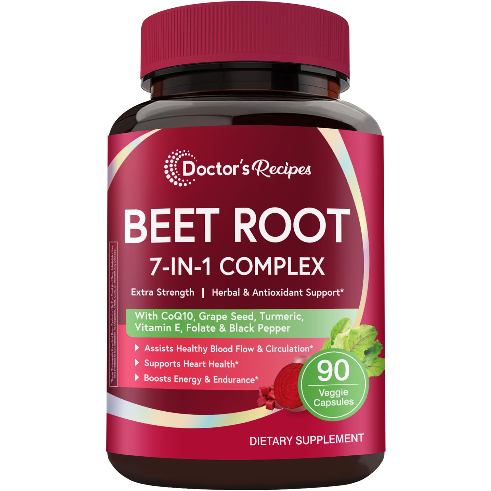 Doctor's Recipes Beet Root Capsules, 20:1 Extract with Grape Seed, CoQ10, Turmeric, Black Pepper for Enhanced Absorption, Supports Heart, Circulation, Energy & Nitric Oxide, Non-GMO, 90 Veg Caps - TrustMedUSA