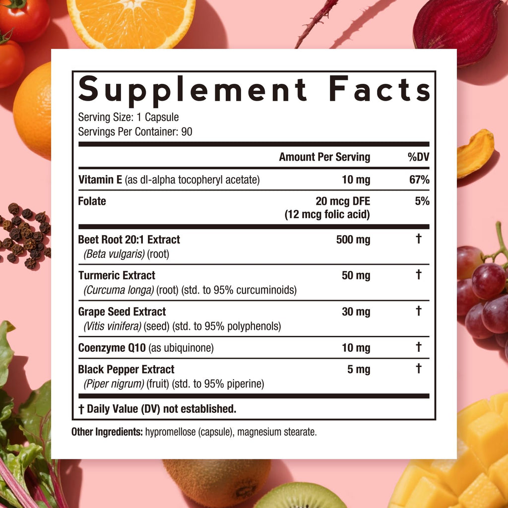 Doctor's Recipes Beet Root Capsules, 20:1 Extract with Grape Seed, CoQ10, Turmeric, Black Pepper for Enhanced Absorption, Supports Heart, Circulation, Energy & Nitric Oxide, Non-GMO, 90 Veg Caps - TrustMedUSA