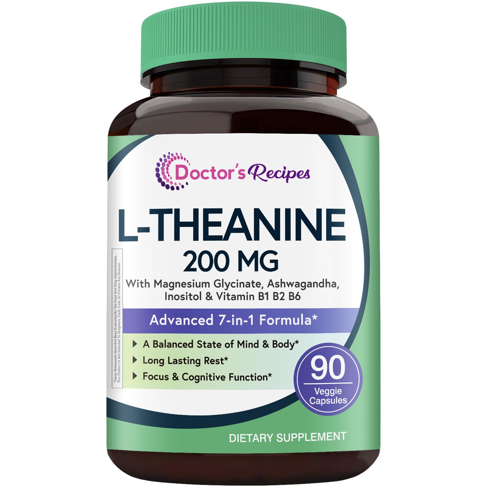 Doctor's Recipes L-Theanine 200 mg, Magnesium Glycinate, Ashwagandha, Inositol, Vitamin B6 B1 B2, Calm Relaxation Mood Cortisol Manager Nerve Focus Sleep Aid Quality No Drowsiness, Vegan, 90 Capsules - TrustMedUSA
