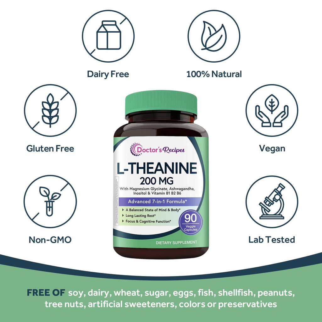 Doctor's Recipes L-Theanine 200 mg, Magnesium Glycinate, Ashwagandha, Inositol, Vitamin B6 B1 B2, Calm Relaxation Mood Cortisol Manager Nerve Focus Sleep Aid Quality No Drowsiness, Vegan, 90 Capsules - TrustMedUSA