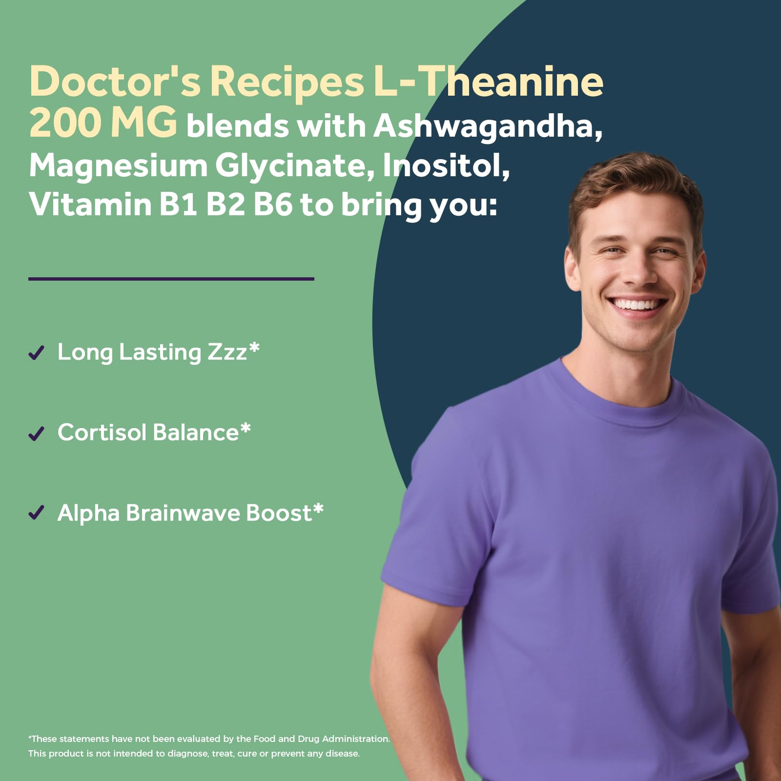 Doctor's Recipes L-Theanine 200 mg, Magnesium Glycinate, Ashwagandha, Inositol, Vitamin B6 B1 B2, Calm Relaxation Mood Cortisol Manager Nerve Focus Sleep Aid Quality No Drowsiness, Vegan, 90 Capsules - TrustMedUSA