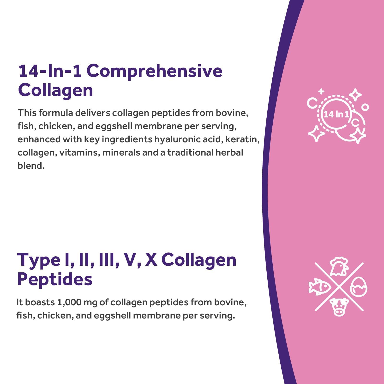 Doctor's Recipes Multi Collagen Peptides, Type I, II, III, V, X, 1000 mg Per Serving, Vitamin C, Biotin, Hyaluronic Acid, Keratin, Turmeric, for Hair, Nails, Skin, Stay Active, Antioxidant, 60 Caps - Maple Wellness Supplements