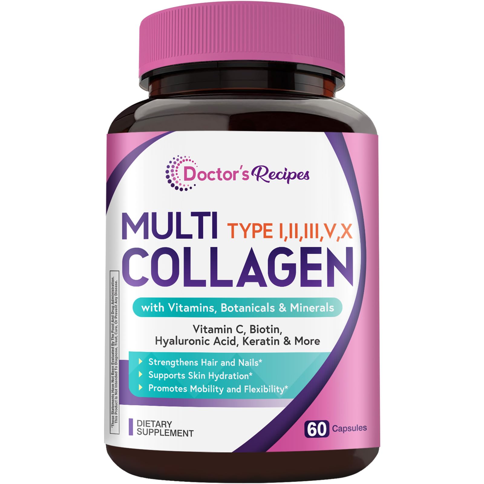 Doctor's Recipes Multi Collagen Peptides, Type I, II, III, V, X, 1000 mg Per Serving, Vitamin C, Biotin, Hyaluronic Acid, Keratin, Turmeric, for Hair, Nails, Skin, Stay Active, Antioxidant, 60 Caps - Maple Wellness Supplements