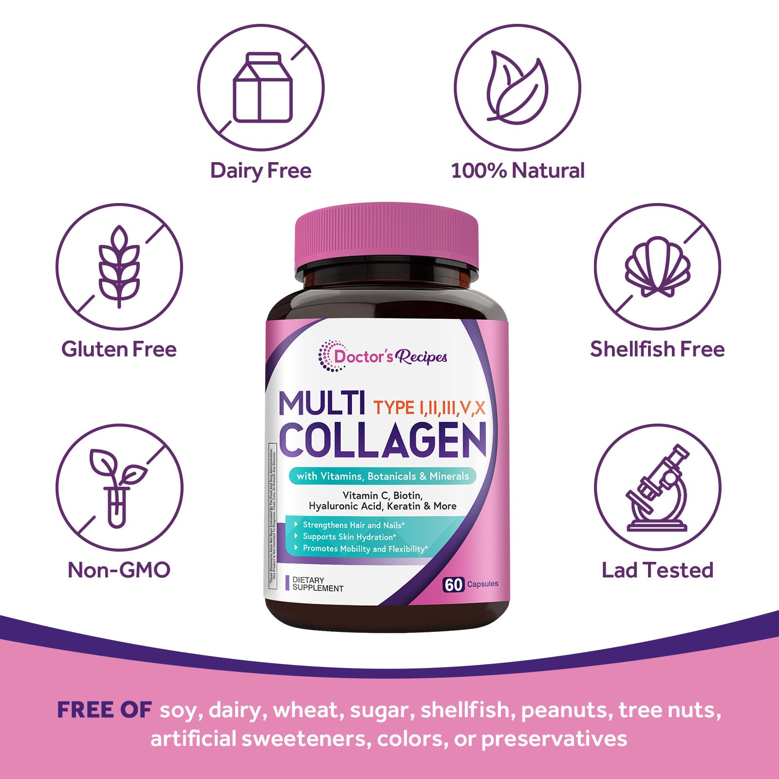 Doctor's Recipes Multi Collagen Peptides, Type I, II, III, V, X, 1000 mg Per Serving, Vitamin C, Biotin, Hyaluronic Acid, Keratin, Turmeric, for Hair, Nails, Skin, Stay Active, Antioxidant, 60 Caps - Maple Wellness Supplements