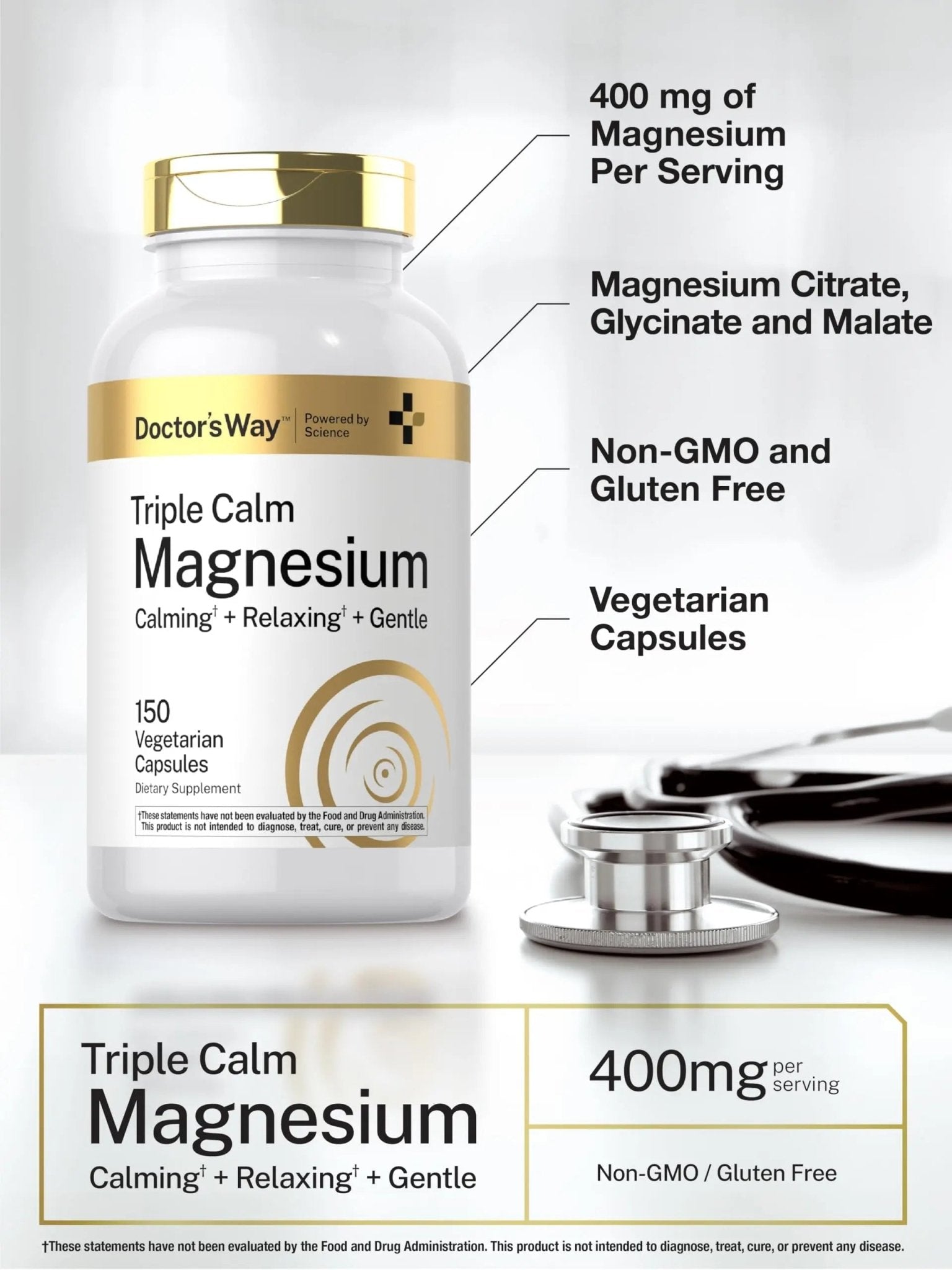 Doctor's Way Triple Magnesium Complex | 150 Capsules | Citrate, Glycinate, & Malate Supplement | Vegetarian, Non-GMO, Gluten Free Formula - TrustMedUSA