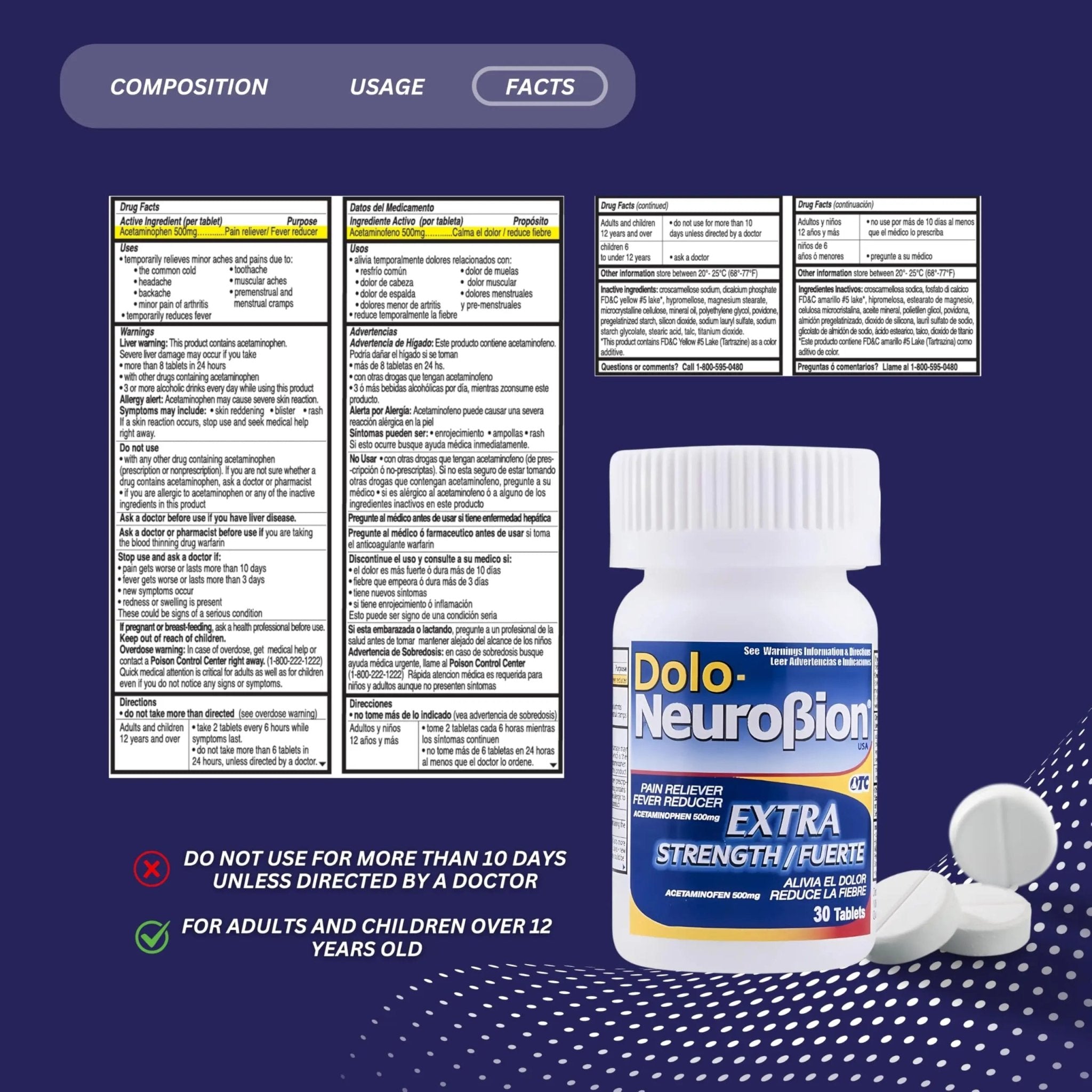 Dolo Neurobion 30 Tablets - Pain Reliever, Fever Reducer, Extra Strength, Fuerte, Alivia el Dolor, Reduce la Fiebre - TrustMedUSA
