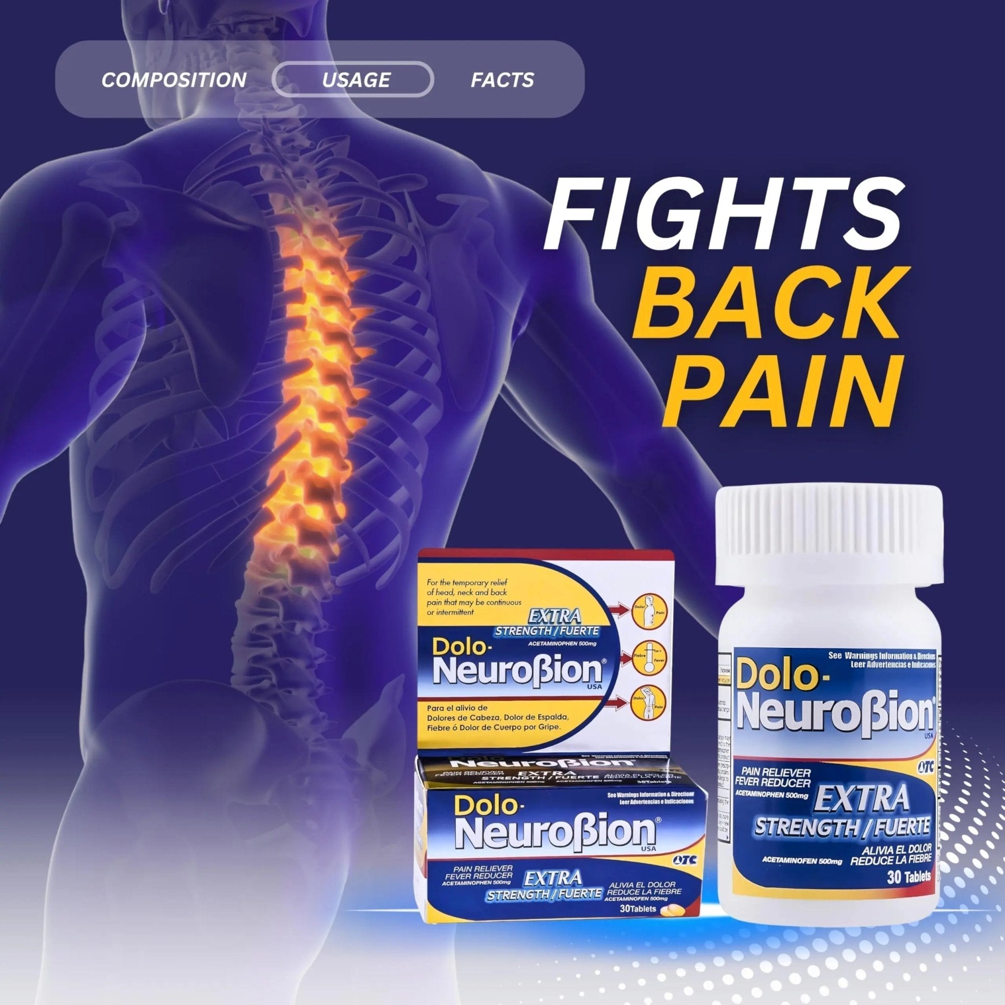 Dolo Neurobion 30 Tablets - Pain Reliever, Fever Reducer, Extra Strength, Fuerte, Alivia el Dolor, Reduce la Fiebre - TrustMedUSA