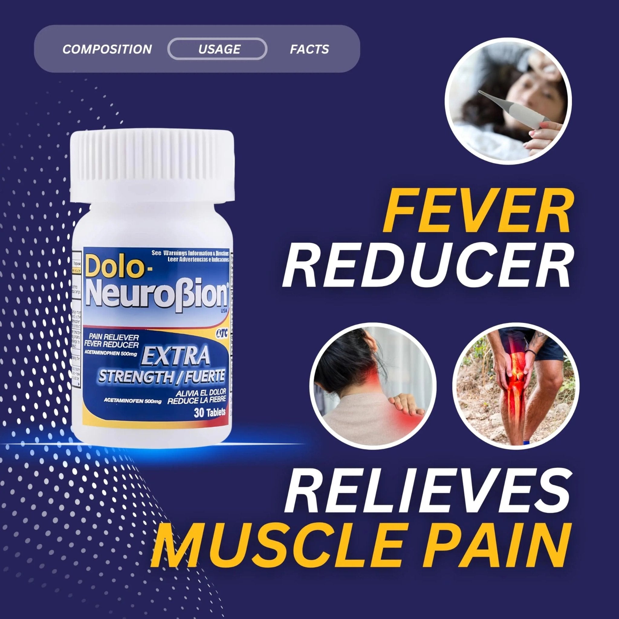 Dolo Neurobion 30 Tablets - Pain Reliever, Fever Reducer, Extra Strength, Fuerte, Alivia el Dolor, Reduce la Fiebre - TrustMedUSA