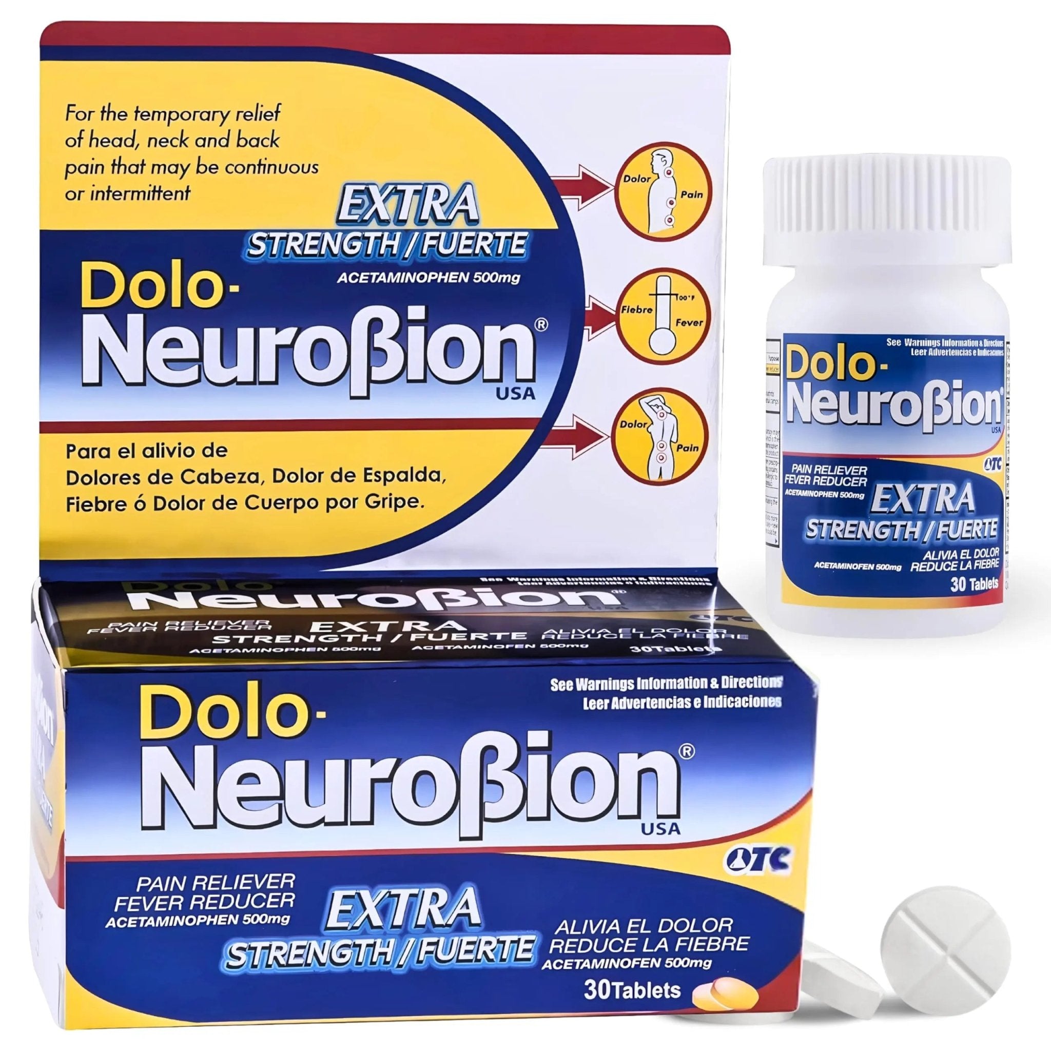 Dolo Neurobion 30 Tablets - Pain Reliever, Fever Reducer, Extra Strength, Fuerte, Alivia el Dolor, Reduce la Fiebre - TrustMedUSA