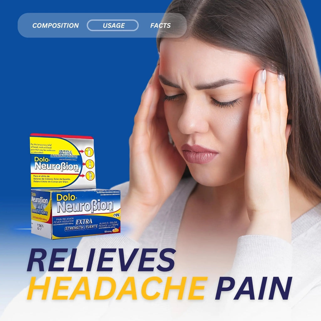 Dolo Neurobion Pain Reliever, Fever Reducer, Extra Strength. Alivia el Dolor,Reduce la Fiebre, Extra Fuerte. 60 Tablets. Acetaminophen 500 mg - TrustMedUSA