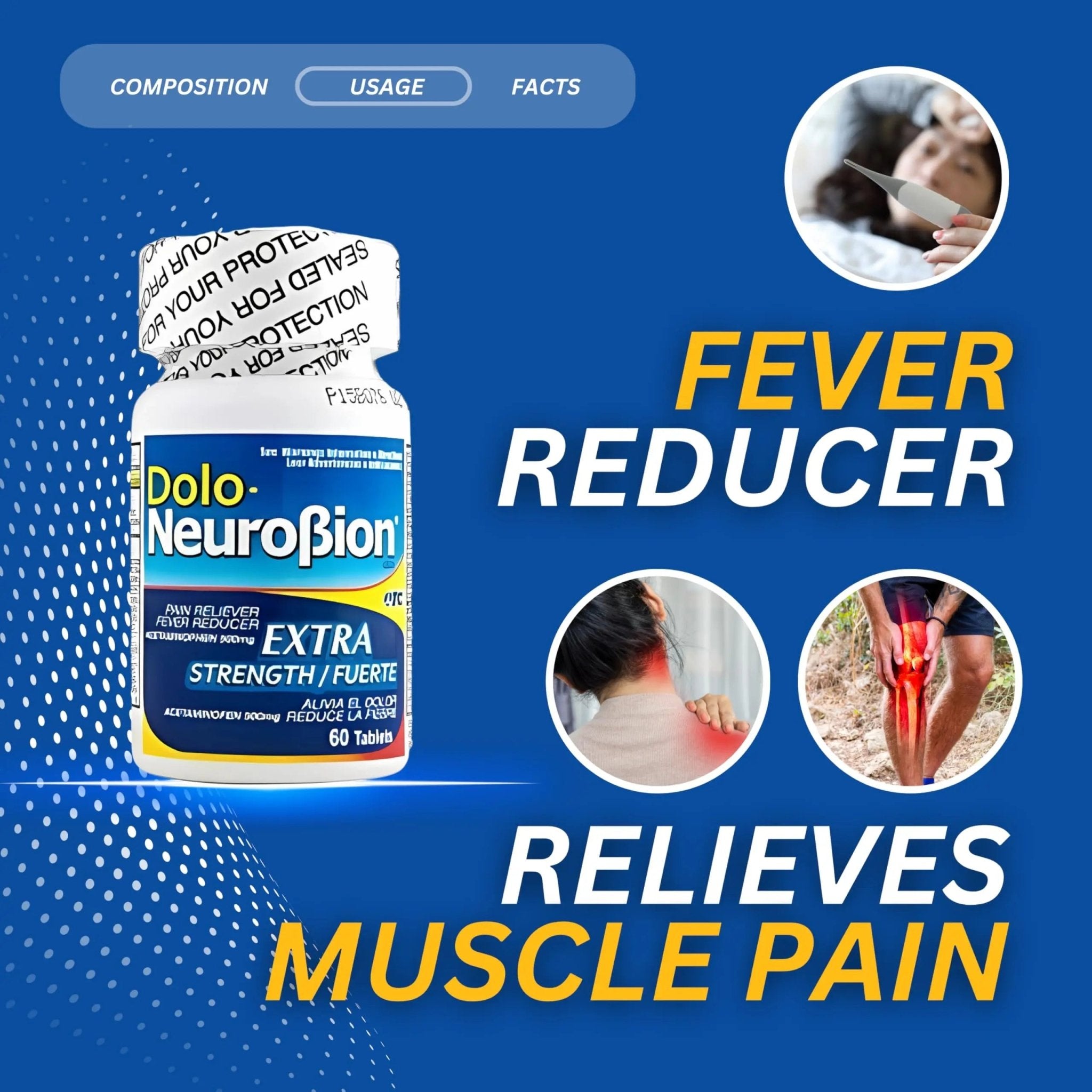 Dolo Neurobion Pain Reliever, Fever Reducer, Extra Strength. Alivia el Dolor,Reduce la Fiebre, Extra Fuerte. 60 Tablets. Acetaminophen 500 mg - TrustMedUSA