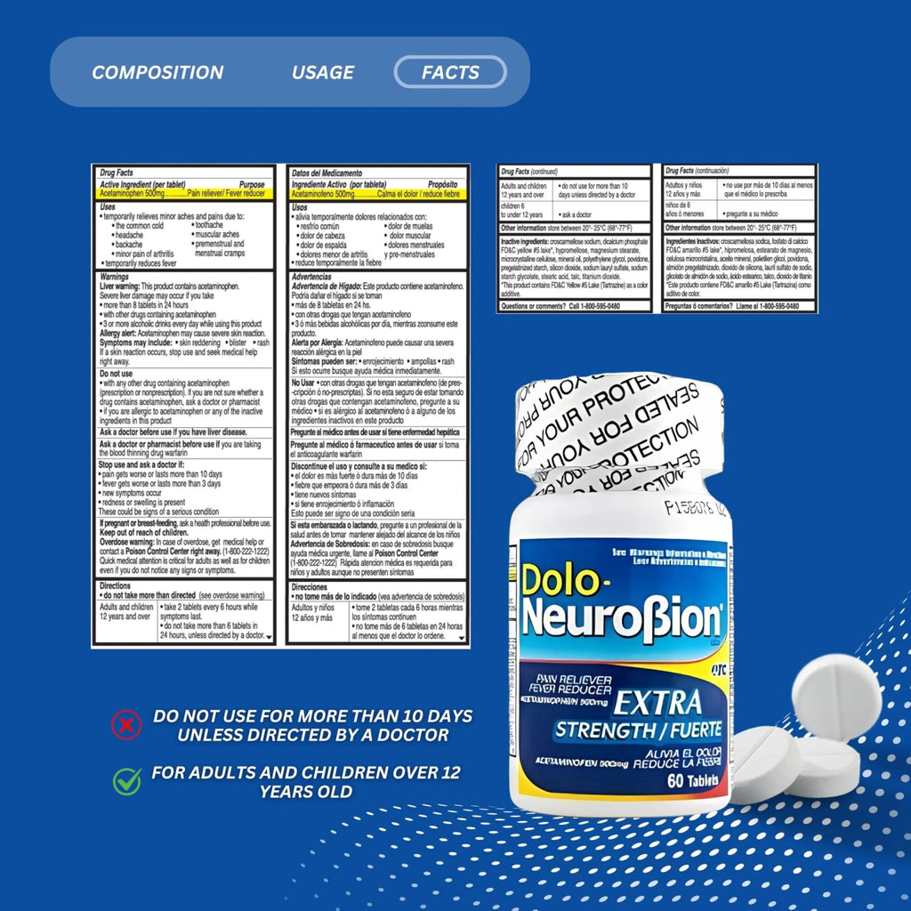 Dolo Neurobion Pain Reliever, Fever Reducer, Extra Strength. Alivia el Dolor,Reduce la Fiebre, Extra Fuerte. 60 Tablets. Acetaminophen 500 mg - TrustMedUSA