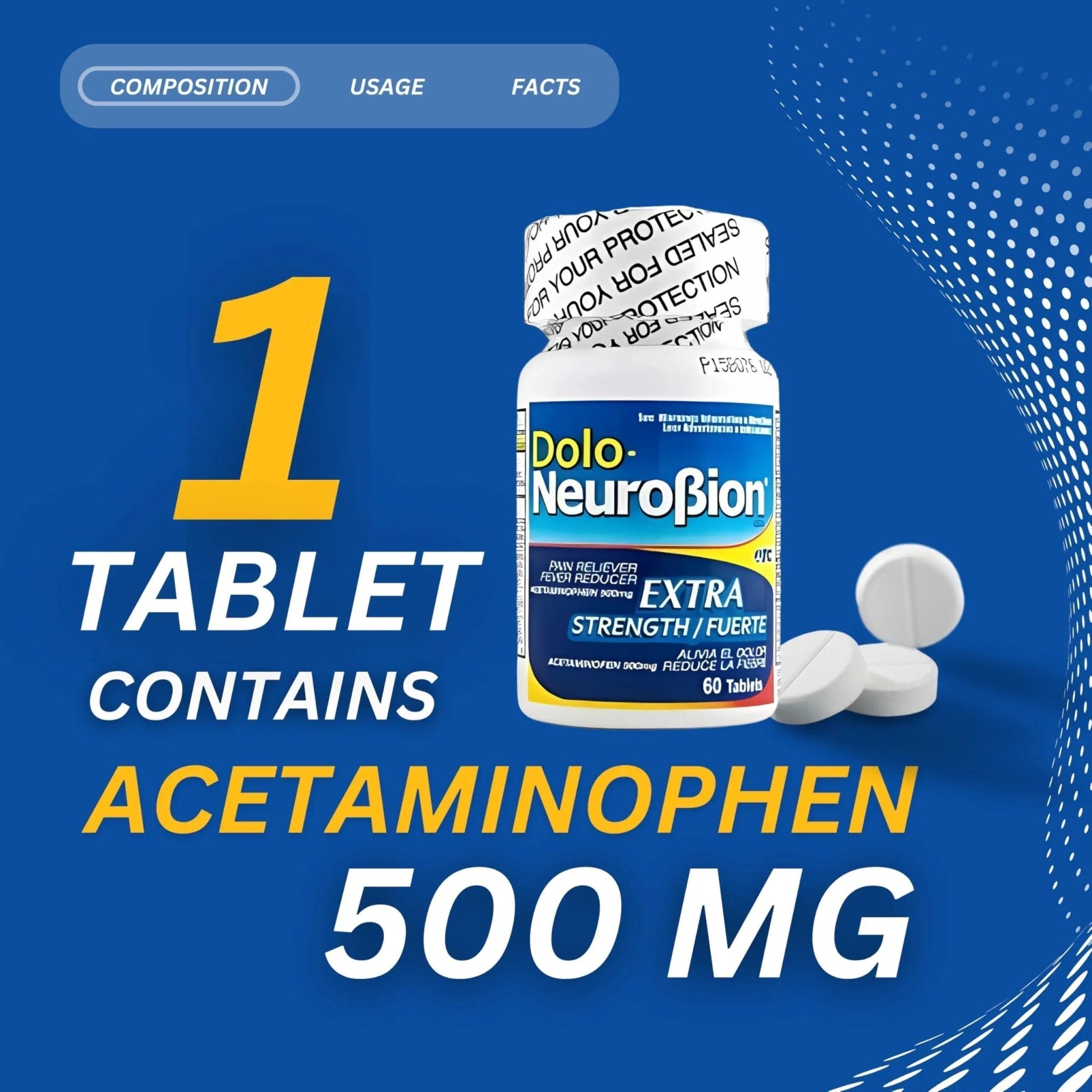 Dolo Neurobion Pain Reliever, Fever Reducer, Extra Strength. Alivia el Dolor,Reduce la Fiebre, Extra Fuerte. 60 Tablets. Acetaminophen 500 mg - TrustMedUSA