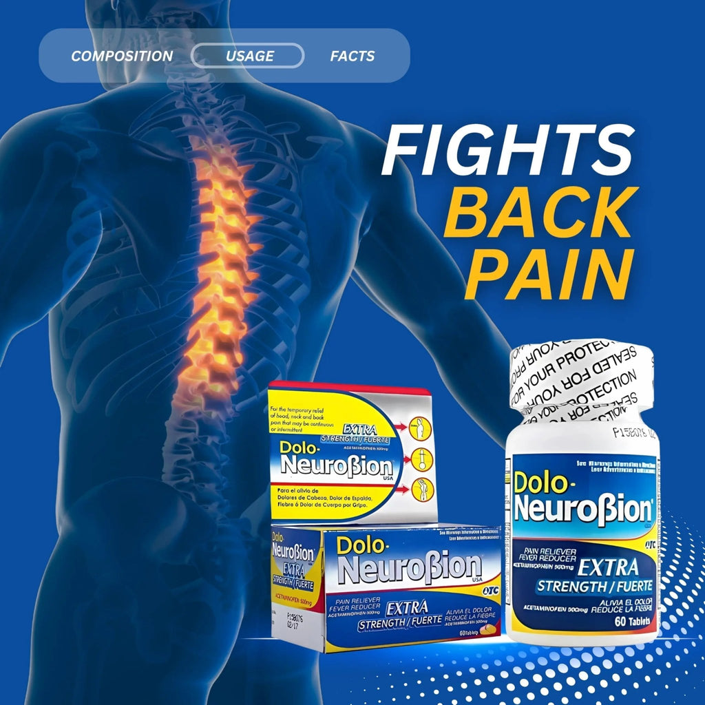 Dolo Neurobion Pain Reliever, Fever Reducer, Extra Strength. Alivia el Dolor,Reduce la Fiebre, Extra Fuerte. 60 Tablets. Acetaminophen 500 mg - TrustMedUSA
