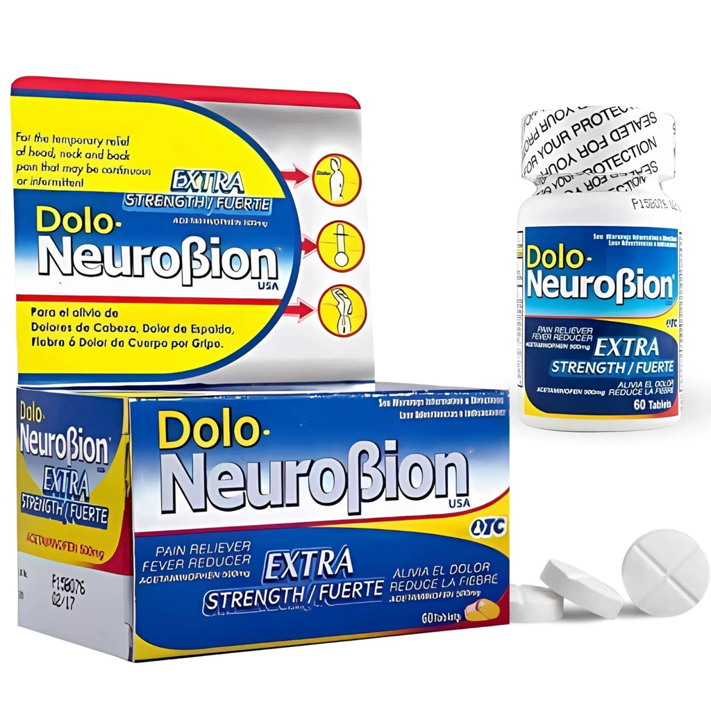 Dolo Neurobion Pain Reliever, Fever Reducer, Extra Strength. Alivia el Dolor,Reduce la Fiebre, Extra Fuerte. 60 Tablets. Acetaminophen 500 mg - TrustMedUSA