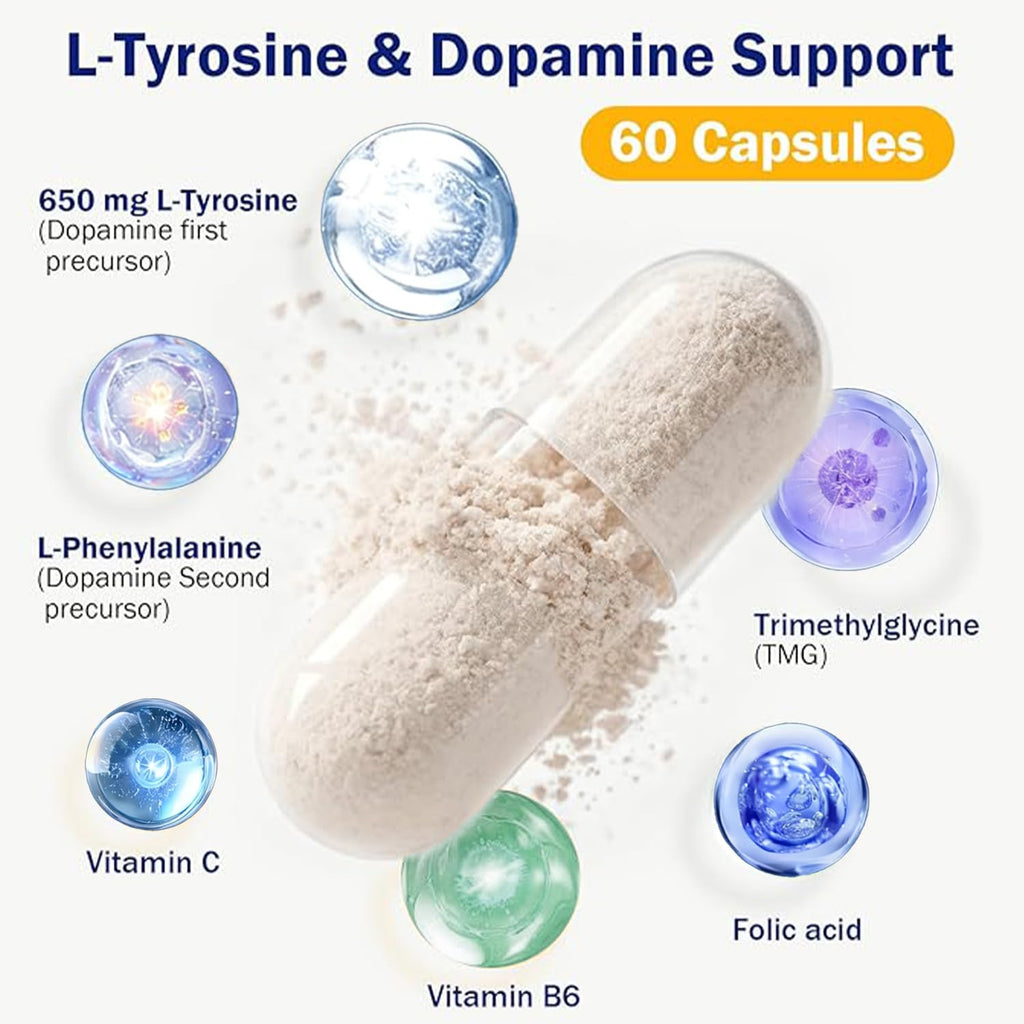 Dopamine Brain Supplement with L-Tyrosine 650mg | Cognitive Function, Focus & Mood Support | Neurotransmitter & Mental Energy Booster | 60 Capsules - TrustMedUSA