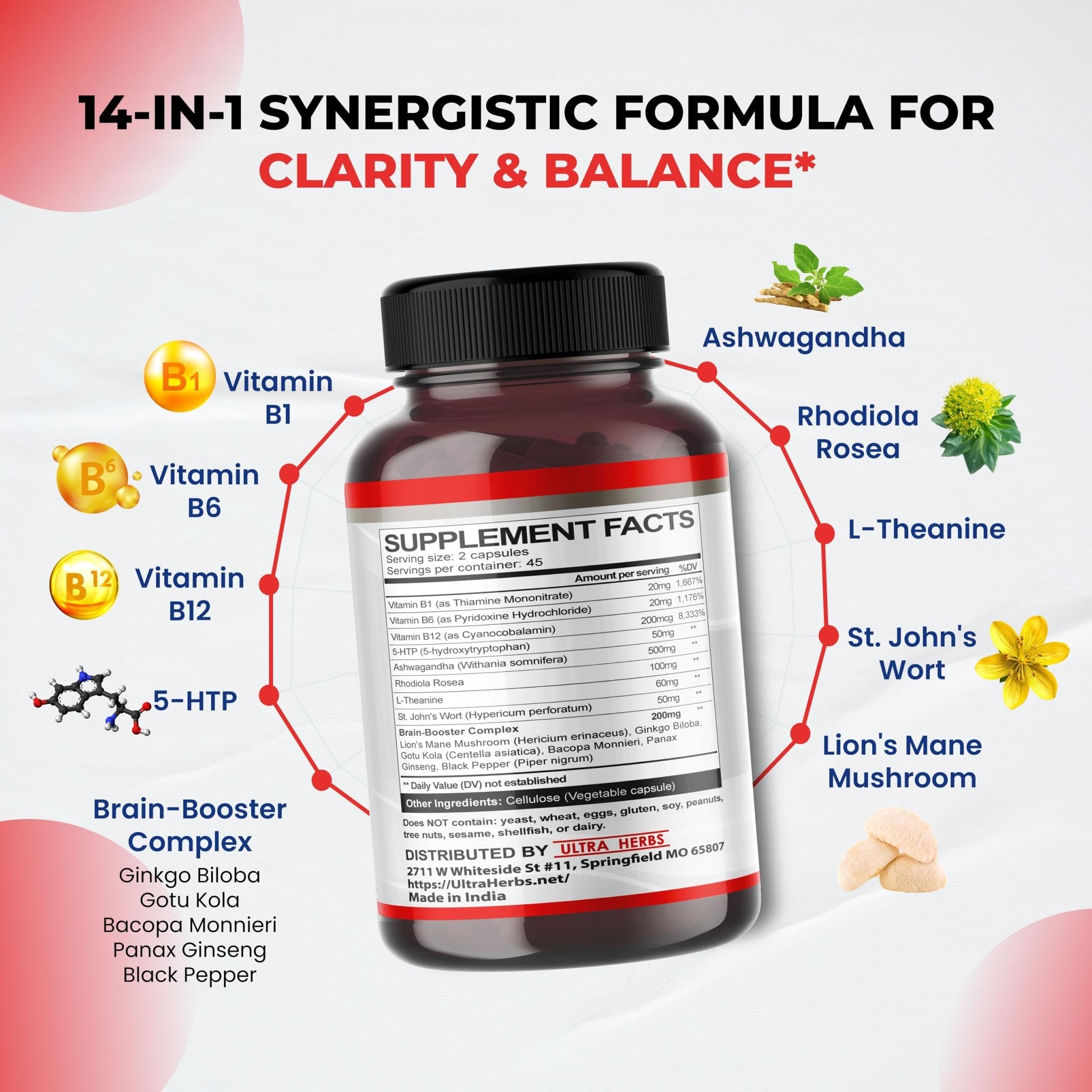 Dopamine Focus Supplement Ashwagandha 5-HTP Rhodiola Rosea St. John's Wort - Increase Memory Clarity Focus Restore Relax with VIT B1, B6, B12, L-Theanine - TrustMedUSA