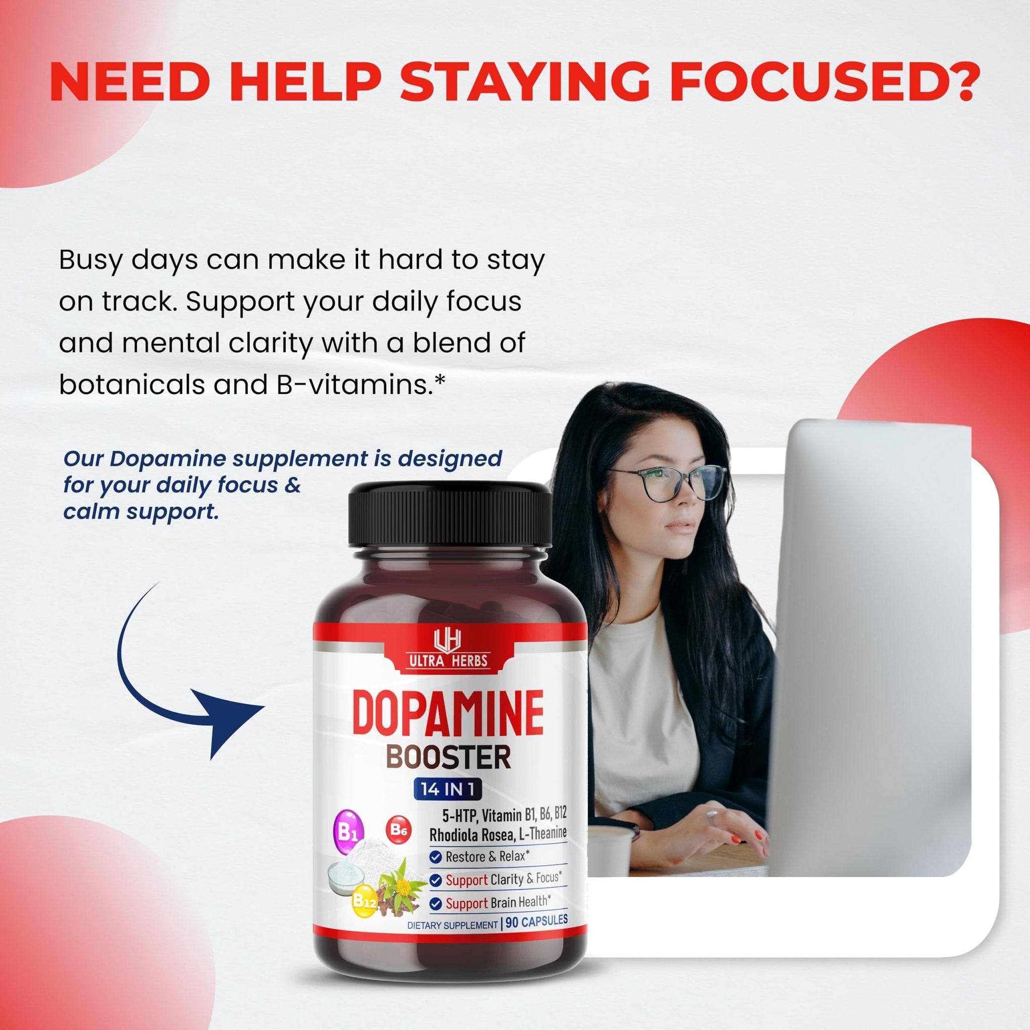 Dopamine Focus Supplement Ashwagandha 5-HTP Rhodiola Rosea St. John's Wort - Increase Memory Clarity Focus Restore Relax with VIT B1, B6, B12, L-Theanine - TrustMedUSA