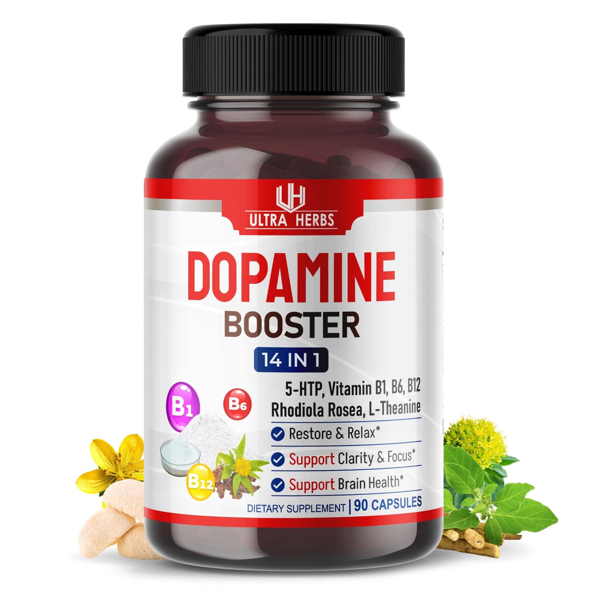 Dopamine Focus Supplement Ashwagandha 5-HTP Rhodiola Rosea St. John's Wort - Increase Memory Clarity Focus Restore Relax with VIT B1, B6, B12, L-Theanine - TrustMedUSA