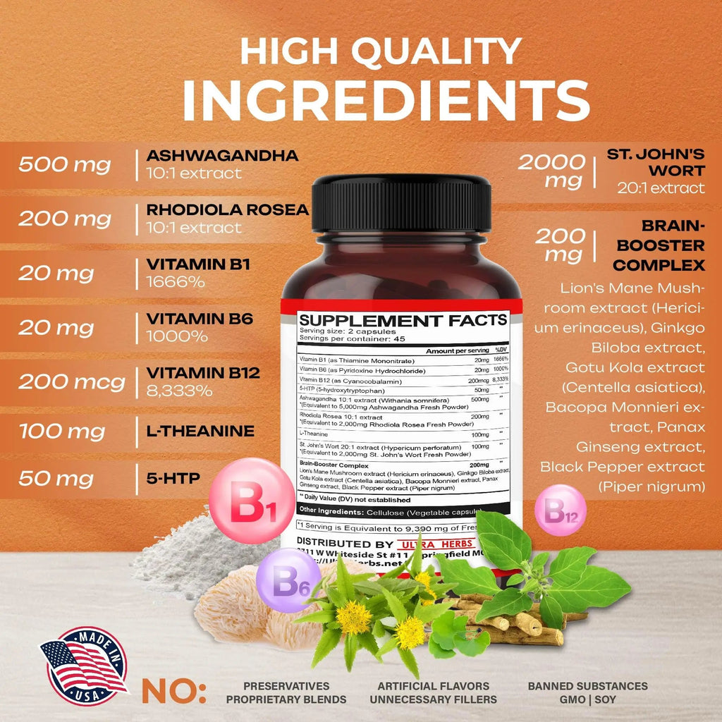 Dopamine Focus Supplement Ashwagandha 5000mg 5-HTP 50mg Rhodiola Rosea 2000mg - TrustMedUSA