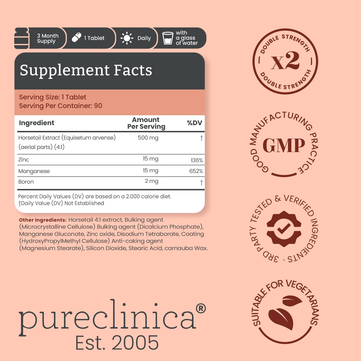 Double Strength Silica Complex – 500mg Horsetail Extract (4:1) per Tablet – 90 Tablets – 3 Month Supply – with Zinc, Manganese & Boron - Maple Wellness Supplements