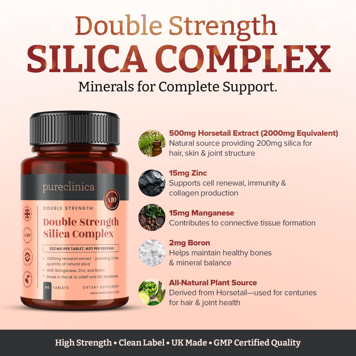 Double Strength Silica Complex – 500mg Horsetail Extract (4:1) per Tablet – 90 Tablets – 3 Month Supply – with Zinc, Manganese & Boron - Maple Wellness Supplements