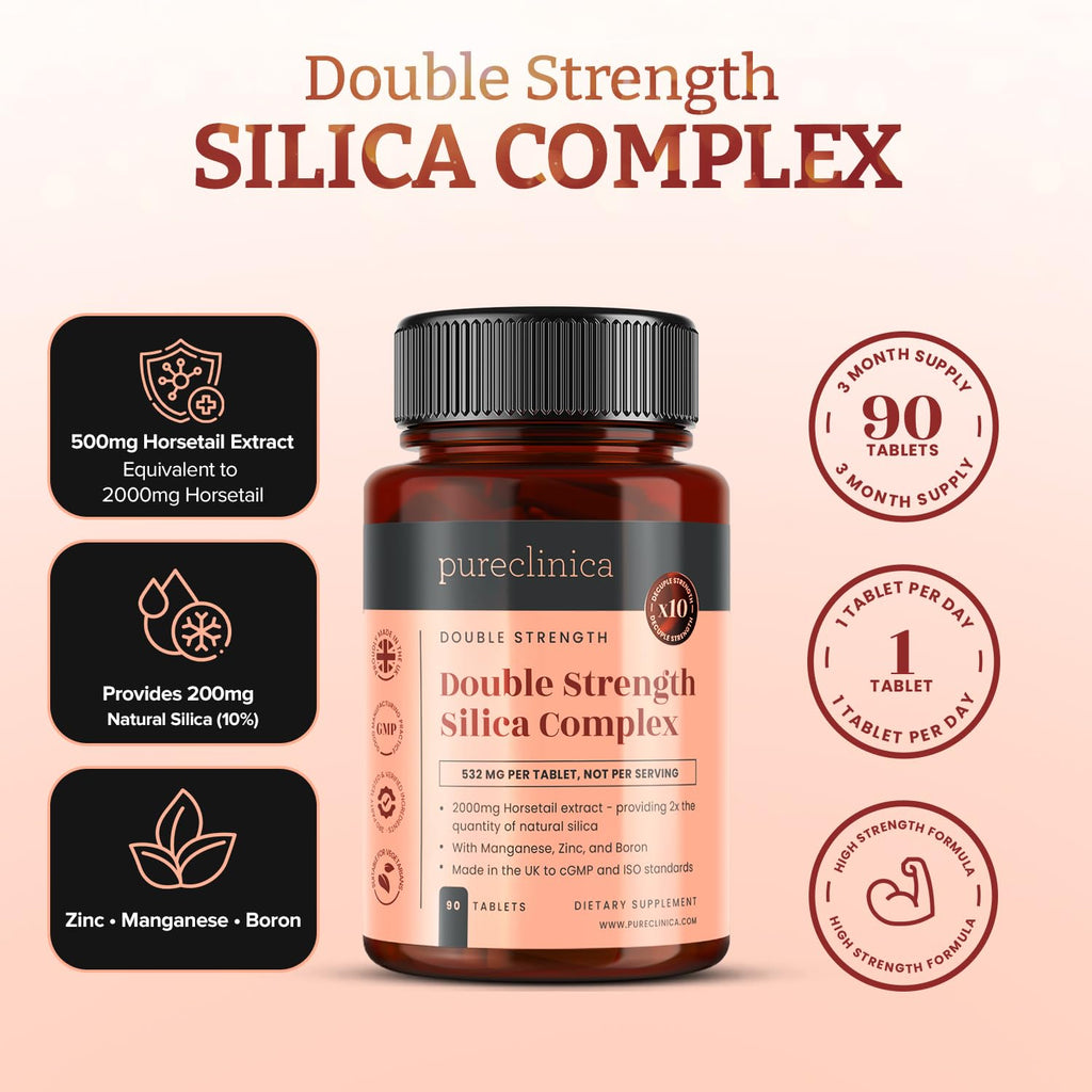 Double Strength Silica Complex – 500mg Horsetail Extract (4:1) per Tablet – 90 Tablets – 3 Month Supply – with Zinc, Manganese & Boron - Maple Wellness Supplements