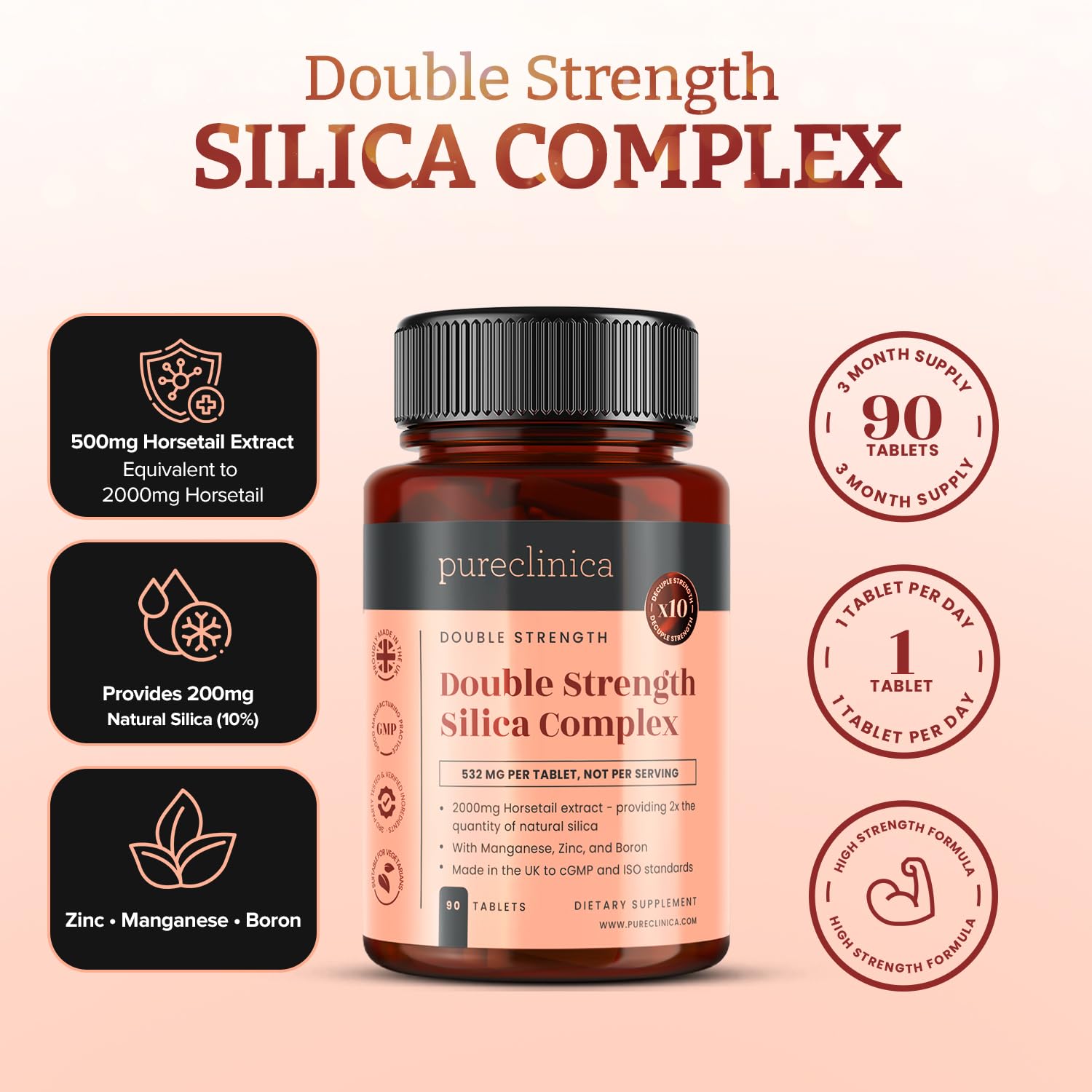Double Strength Silica Complex – 500mg Horsetail Extract (4:1) per Tablet – 90 Tablets – 3 Month Supply – with Zinc, Manganese & Boron - Maple Wellness Supplements