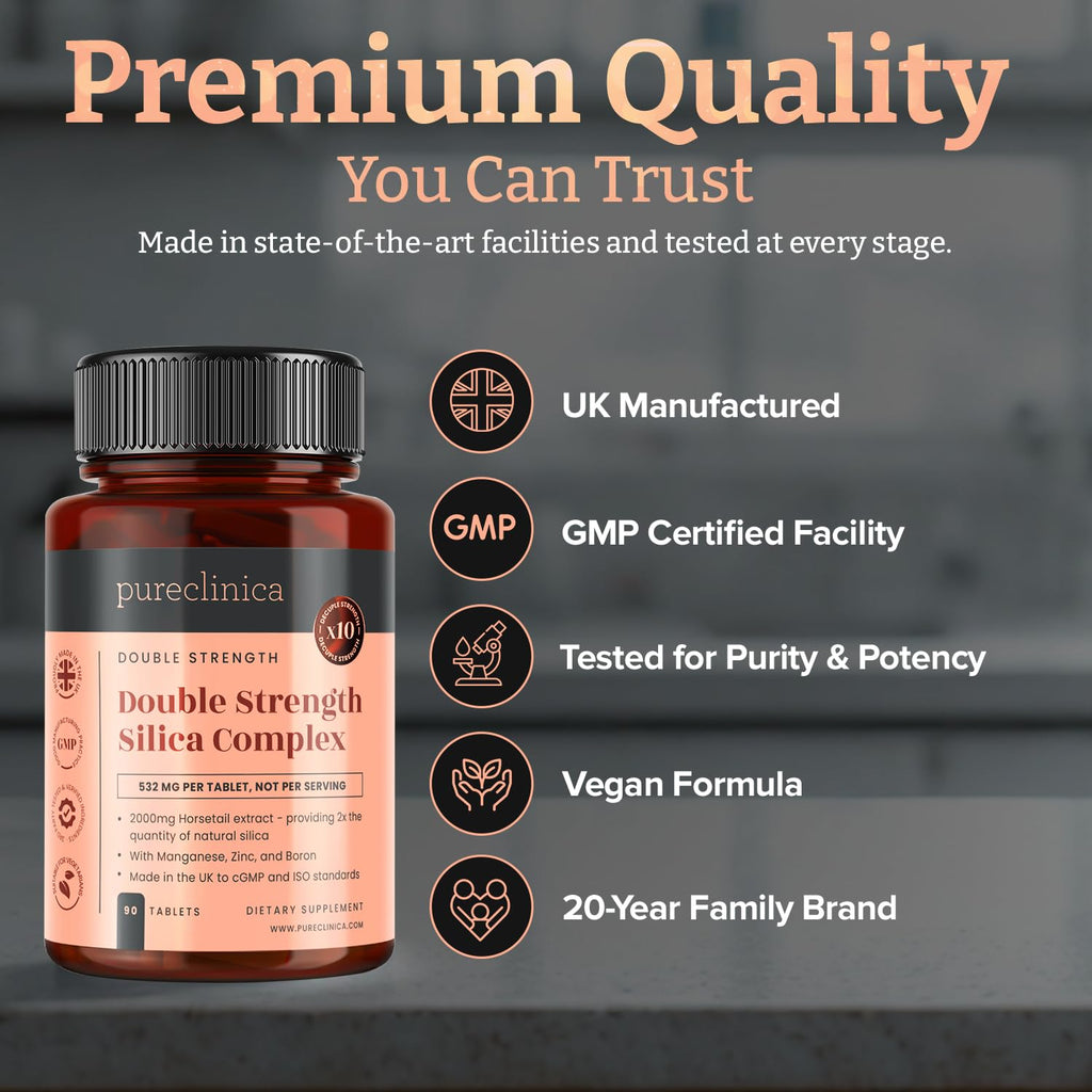 Double Strength Silica Complex – 500mg Horsetail Extract (4:1) per Tablet – 90 Tablets – 3 Month Supply – with Zinc, Manganese & Boron - Maple Wellness Supplements