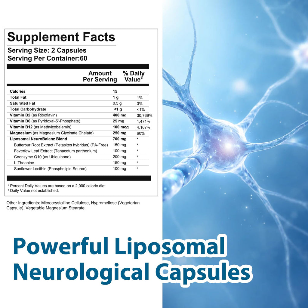 DQQI Migraine Relief Supplement | 120 Capsules Liposomal Neurological Health Formula with Magnesium Glycinate, Riboflavin (Vitamin B2) & Feverfew | Daily Brain Function - TrustMedUSA