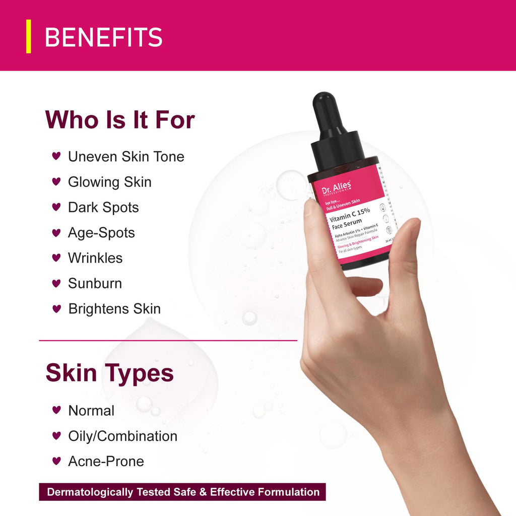 Dr. Alies Professional 15% Vitamin C Face Serum | Advanced Skin Clarifying with Vitamin E | Reduces Acne Marks | 30ml - Maple Wellness Supplements