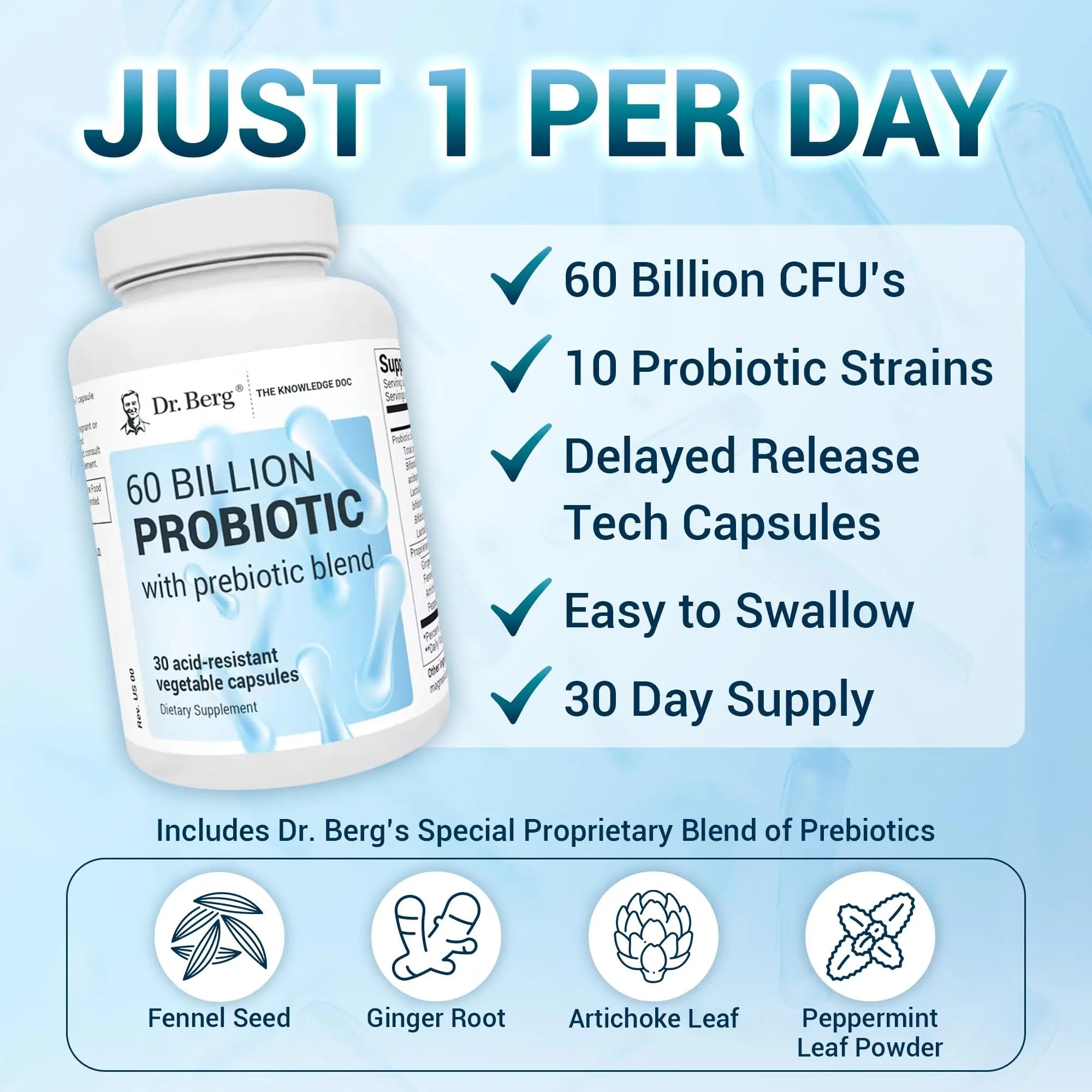 Dr. Berg 60 Billion Probiotic Supplement - Probiotics for Men & Women - Pre and Probiotics - TrustMedUSA
