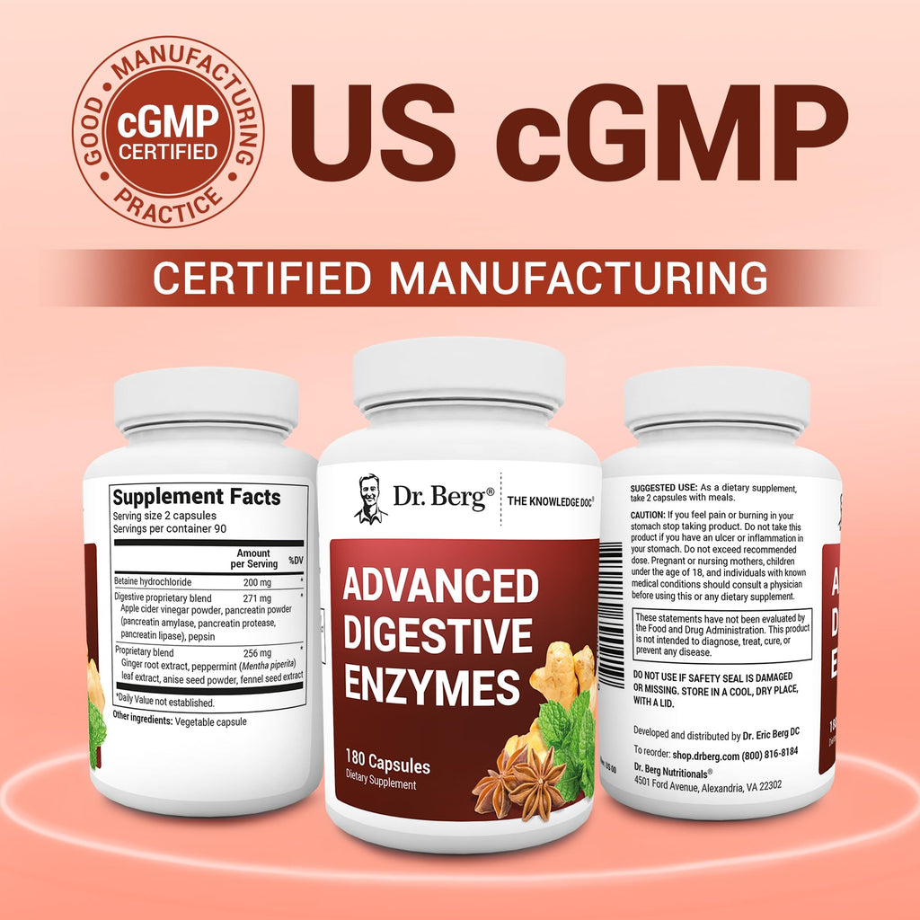 Dr. Berg Advanced Digestive Enzymes with Apple Cider Vinegar - Includes Digestive Health Ingredients Like Betaine Hydrochloride (HCI), Ginger Root & Peppermint Leaf - 180 Capsules - TrustMedUSA
